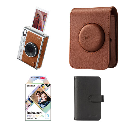 FUJIFILM instax mini EVO Hybrid Instant Camera with Basic Kit (Brown, 10 Exposures)