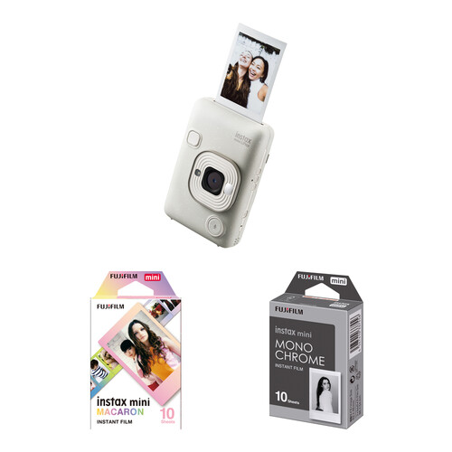 FUJIFILM instax mini LiPlay Hybrid Instant Camera with Color & Monochrome Film Kit (Misty White)