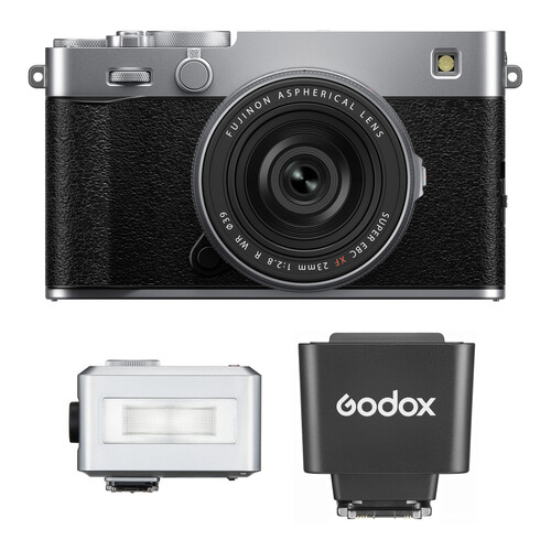 FUJIFILM X-E5 Mirrorless Camera with 23mm f/2.8 Lens and Mini Flash Kit (Silver)