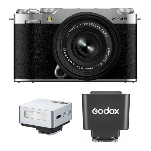 FUJIFILM X-M5 Mirrorless Camera with 15-45mm f/3.5-5.6 Lens and Mini Flash Kit (Silver)