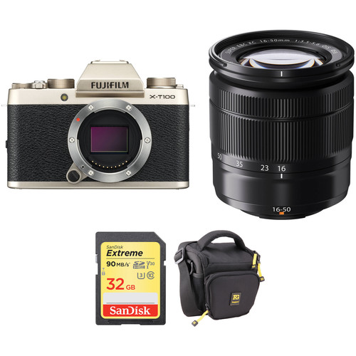 FUJIFILM X-T100 Mirrorless Digital Camera with 16-50mm Lens and Accessories Kit (Champagne Gold)