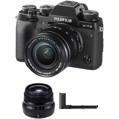 FUJIFILM X-T2 Mirrorless Digital Camera with 18-55mm and 35mm f/2 Lenses and Hand Grip Kit (Black)