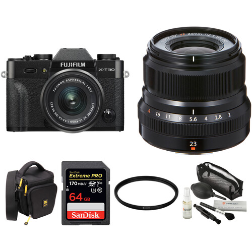 FUJIFILM X-T30 Mirrorless Digital Camera with 15-45mm and 23mm f/2 Lenses and Accessories Kit (Black/Black)