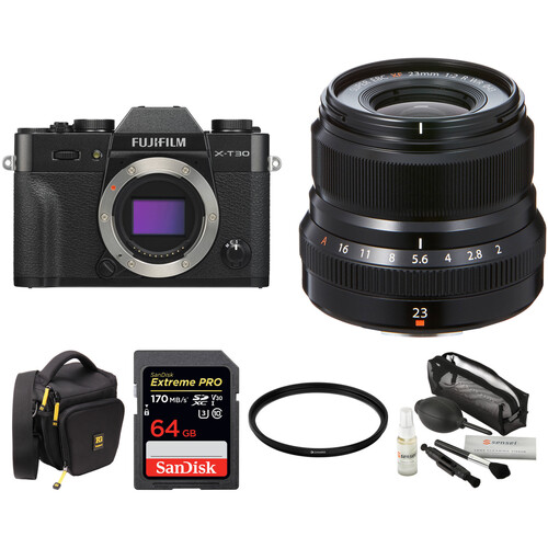FUJIFILM X-T30 Mirrorless Camera with 23mm f/2 Lens and Accessories Kit (Black)