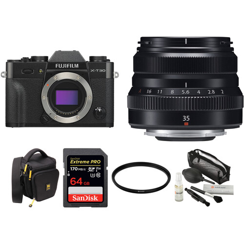 FUJIFILM X-T30 Mirrorless Camera with 35mm f/2 Lens and Accessories Kit (Black)