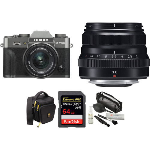 FUJIFILM X-T30 Mirrorless Digital Camera with 15-45mm and 35mm f/2 Lenses and Accessories Kit (Charcoal Silver)