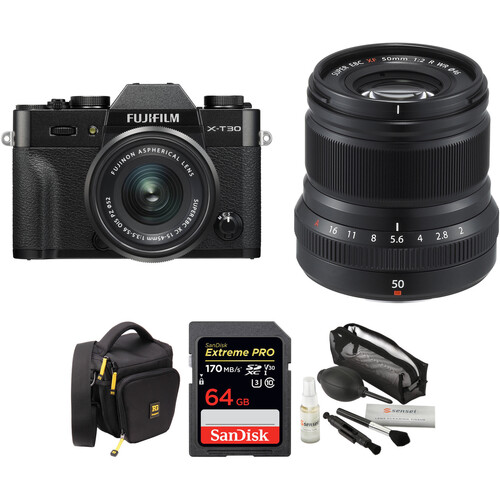 FUJIFILM X-T30 Mirrorless Digital Camera with 15-45mm and 50mm f/2 Lenses and Accessories Kit (Black/Black)