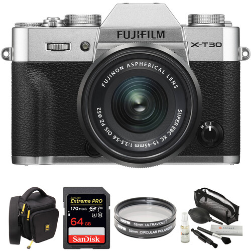 FUJIFILM X-T30 Mirrorless Digital Camera with 15-45mm Lens and Accessories Kit (Silver)