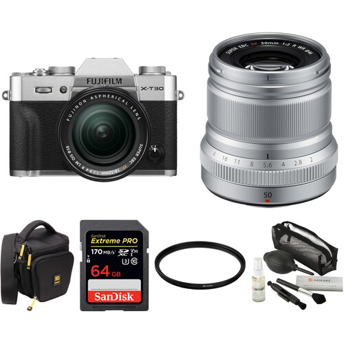 FUJIFILM X-T30 Mirrorless Digital Camera with 18-55mm and 50mm f/2 Lenses and Accessories Kit (Silver)