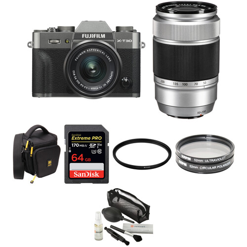 FUJIFILM X-T30 Mirrorless Digital Camera with 15-45mm and 50-230mm Lenses and Accessories Kit (Charcoal Silver/Silver)
