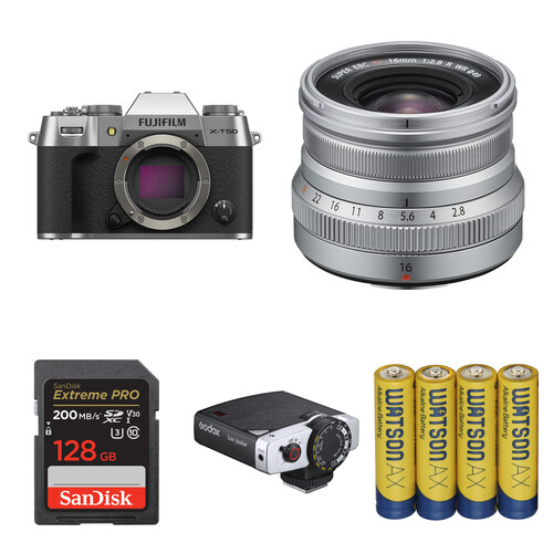 FUJIFILM X-T50 Mirrorless Camera with 16mm f/2.8 Lens and Portraiture Flash Kit (Silver)