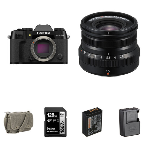 FUJIFILM X-T50 Mirrorless Camera with 16mm f/2.8 Lens and Essentials+ Kit (Black)