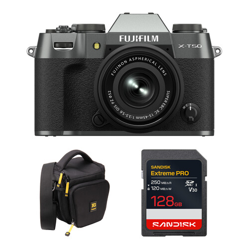 FUJIFILM X-T50 Mirrorless Camera with 15-45mm f/3.5-5.6 Lens and Basic Bundle (Charcoal Silver)