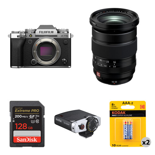 FUJIFILM X-T5 Mirrorless Camera with 16-55mm f/2.8 Lens and Portraiture Flash Kit (Silver)