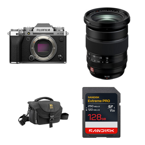 FUJIFILM X-T5 Mirrorless Camera with 16-55mm f/2.8 Lens and Basic Bundle (Silver)