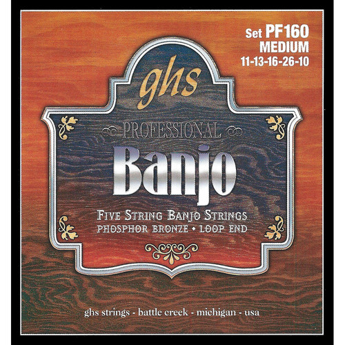 GHS PF160 Medium Phosphor Bronze Banjo Strings (5-String Set, Loop End, 11 - 26)