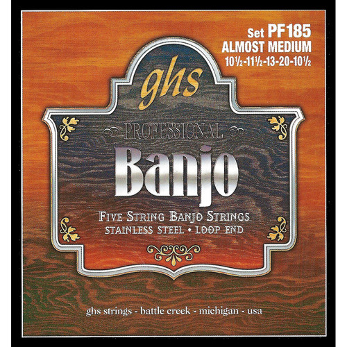 GHS PF185 Almost Medium Stainless Steel Banjo Strings (5-String Set, Loop End, 10.5 - 20)