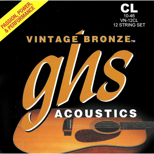 GHS VN-12CL Custom Light Vintage Bronze Acoustic Guitar Strings (12-String Set, 10 - 46)