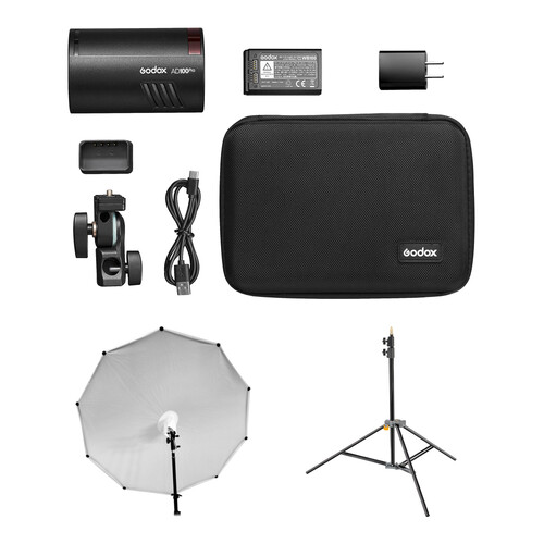 Godox AD100pro Pocket Flash with Photek SoftLighter Umbrella & Stand Kit (Black)