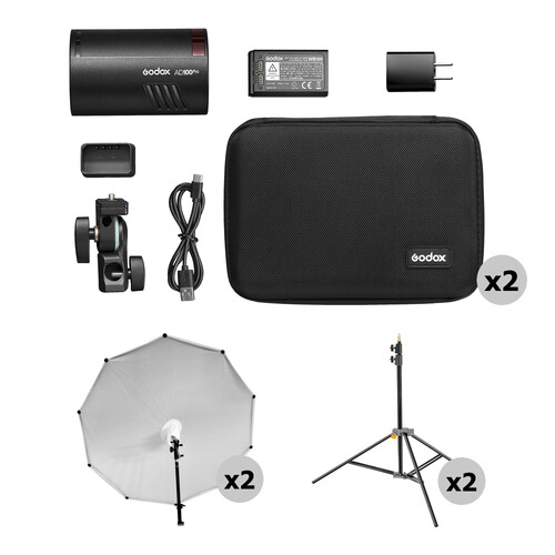 Godox AD100pro Pocket Flash with Photek SoftLighter Umbrella & Stand (Black, 2-Light Kit)