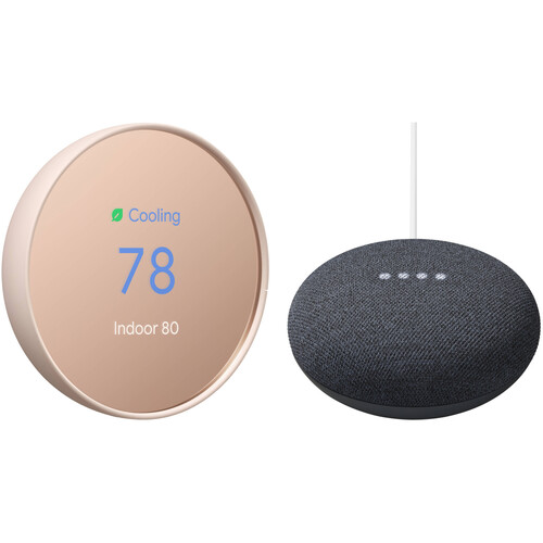 Google Nest Thermostat & Nest Mini Kit (Sand Thermostat, Charcoal Mini)