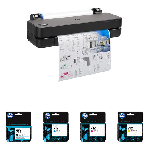 HP DesignJet T210 24" Large Format Wireless Plotter Printer with Four 712 Standard-Capacity Ink Cartridges Kit