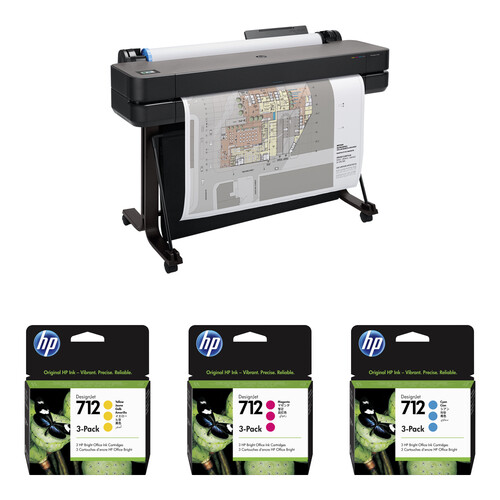 HP DesignJet T630 36" Large Format Plotter Printer with Nine 712 Standard-Capacity Ink Cartridges Kit (2025 Edition)