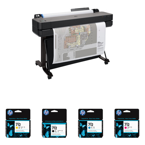 HP DesignJet T630 36" Large Format Plotter Printer with Four 712 Standard-Capacity Ink Cartridges Kit (2025 Edition)