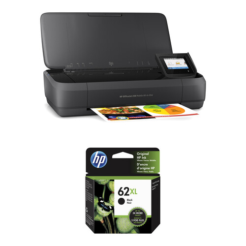 HP OfficeJet 250 Mobile All-in-One Inkjet Printer with 62XL High-Yield Black Ink Cartridge Kit