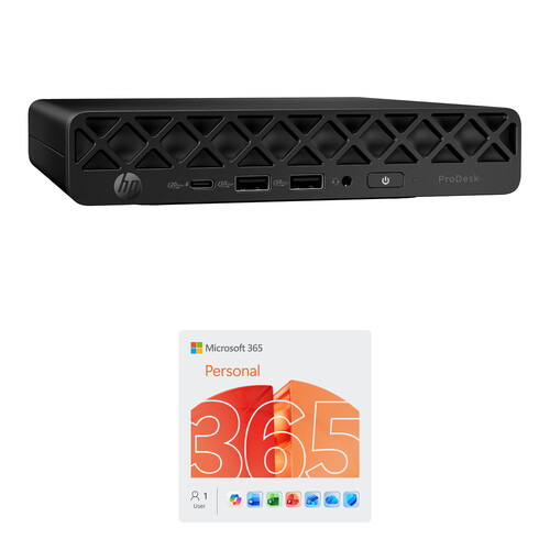 HP ProDesk 4 Mini G1i AI Desktop Computer and Microsoft 365 Personal Kit (1-User License / 12-Month Subscription / Download)