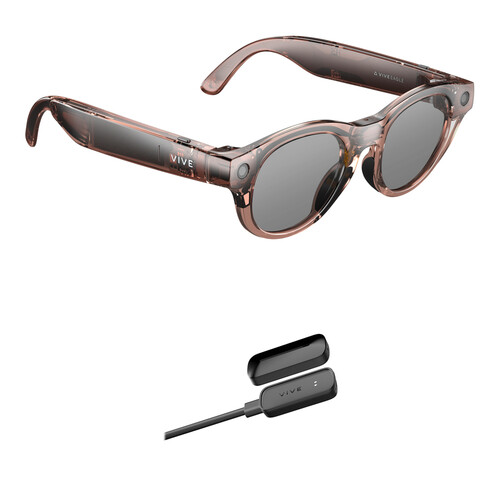 HTC VIVE Eagle Wayfarer AI Glasses with Power Boost Kit (Clear Brown Frame, Sunglass Lens)
