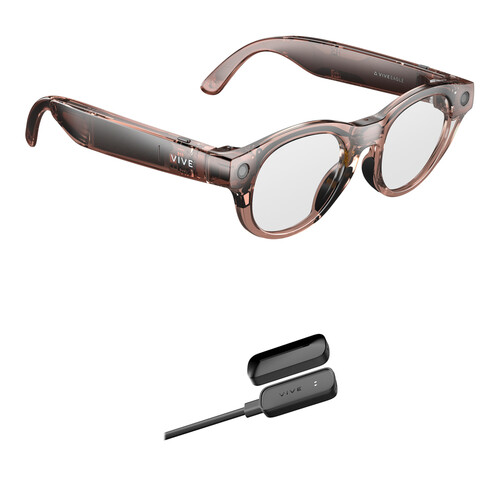 HTC VIVE Eagle Wayfarer AI Glasses with Power Boost Kit (Clear Brown Frame, Clear Lens)