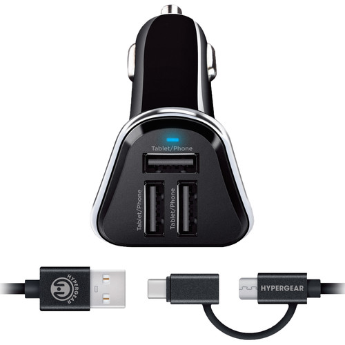 HyperGear 7.2A Triple USB Type-A Car Charger with Hybrid Cable (4', Black)