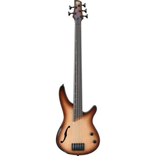 Ibanez SRH505F SR Series Bass Workshop - 5-String Fretless Semi-Hollow Body Electric Bass Guitar (Natural Browned Burst Flat)