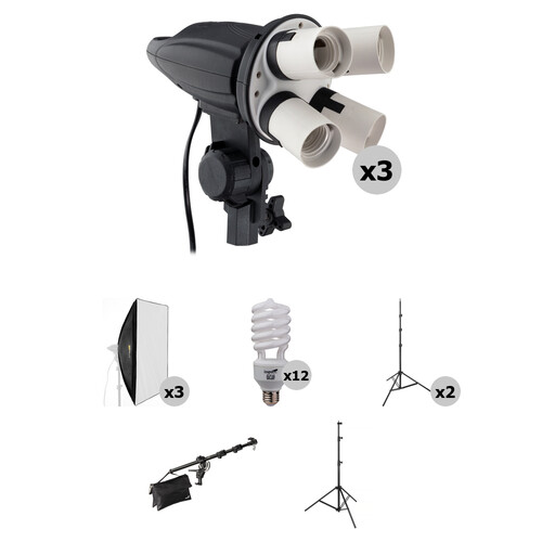 Impact 3-Head Fluorescent Lighting Kit with Boom Arm Kit
