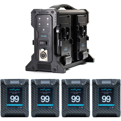 IndiPRO Tools Micro Alpha Series 99Wh V-Mount 4-Battery + Quad Charger Kit (Carbon Fiber Color)