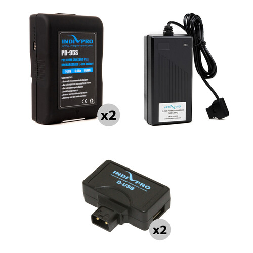 IndiPRO Tools 2 x PD-95S 95Wh V-Mount Batteries, D-Tap Charger & 2 x USB Adapters Kit