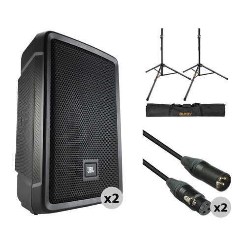 JBL IRX108BT Compact Powered 8" Portable Speaker Pair Kit with Stands, Stand Bag, and Cables