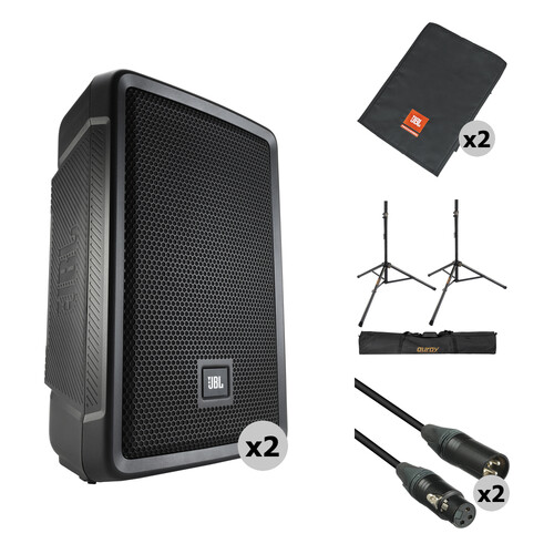 JBL IRX108BT Powered Portable Speaker Kit with Covers, Speaker Stands, and Cables