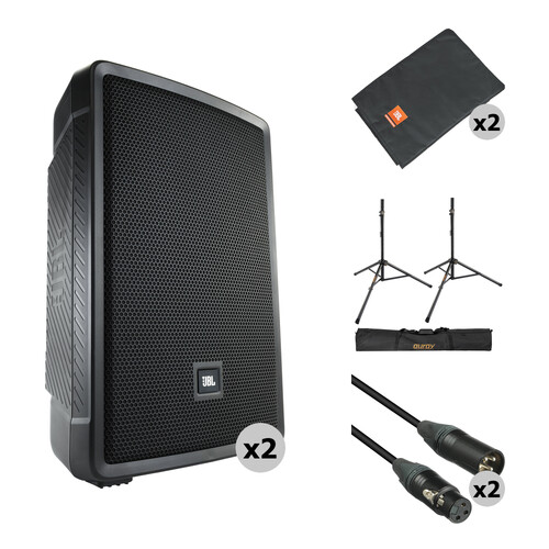 JBL IRX112BT Compact Powered 12" Portable Speaker Kit with Covers, Stands, and Cables (Pair)