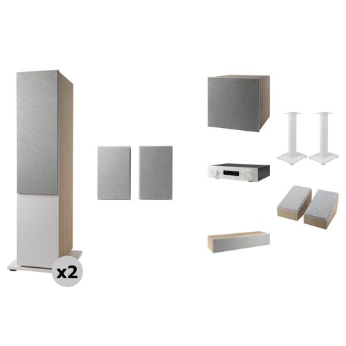 JBL MA710 7.2-Channel A/V Receiver with 5.1.2 Atmos Surround Sound Speakers & Speaker Stand Kit (Latte/White)