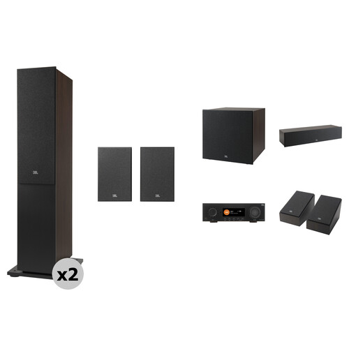JBL MA710 7.2-Channel A/V Receiver & 5.1.2 Atmos Surround Sound Speakers Kit (Espresso/Black)