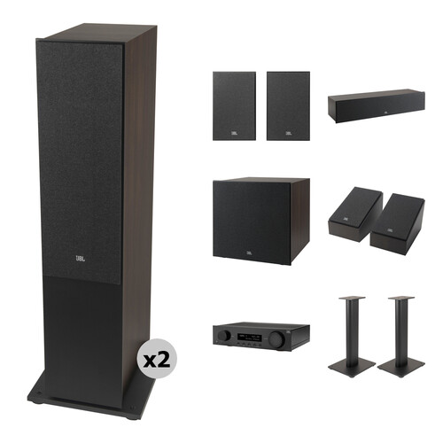 JBL MA710 7.2-Channel A/V Receiver with 5.1.2 Atmos Surround Sound Speakers and Speaker Stand Kit (Espresso/Black)