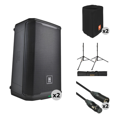JBL PRX908 Two-Way 8" 2000W Powered PA System Kit with Covers, Stands, and Cables (Pair)