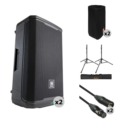 JBL PRX912 Two-Way 12" 2000W Powered PA System Kit with Covers, Stands, and Cables (Pair)