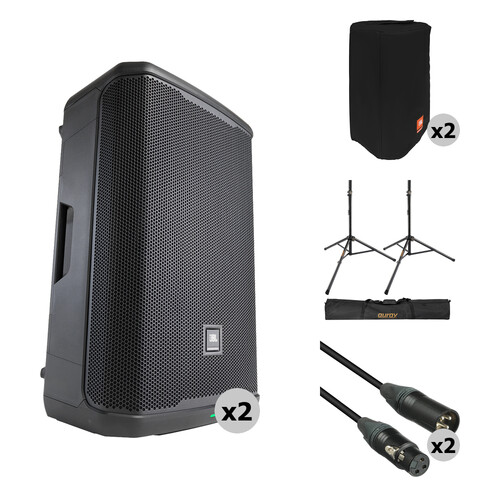 JBL PRX915 Two-Way 15" 2000W Powered PA System Kit with Covers, Stands, and Cables (Pair)