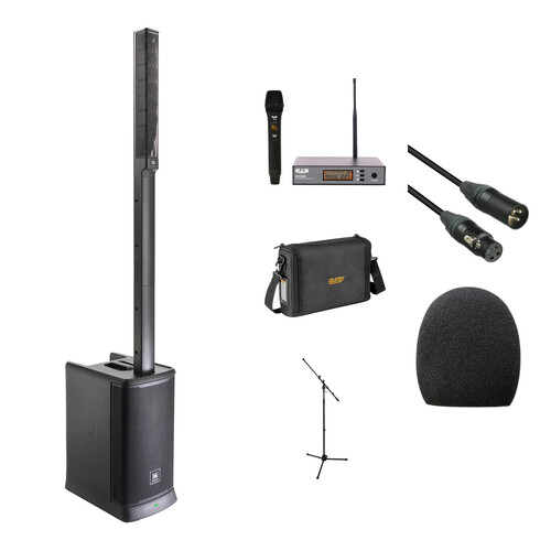 JBL PRX ONE All-in-One Powered Column Array PA System Kit with Wireless Mic System, Carry Bag, Cable, and Stand