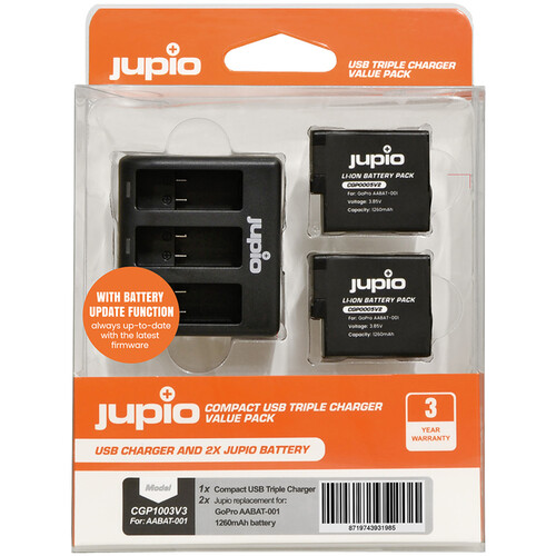 Jupio 2 x Li-Ion 1260mAh Batteries & Triple Charger Kit v3 for GoPro HERO5/6/7/2018
