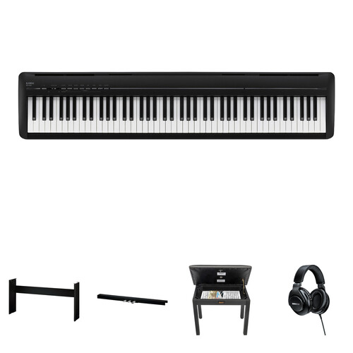 Kawai ES120 88-Key Portable Digital Piano Value Kit with Stand, Pedal Board, Bench, Headphones (Stylish Black)