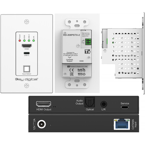 Key Digital Single-Gang 4K HDMI & USB-C over Cat 6/6a Transmitter/Receiver Kit V2 (164')
